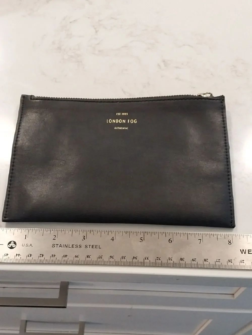 London Fog Black Leather Zip Pouch with Gold Logo